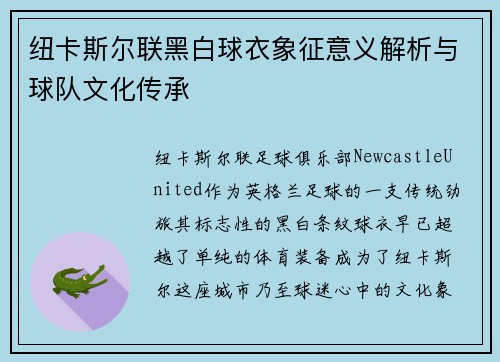 纽卡斯尔联黑白球衣象征意义解析与球队文化传承
